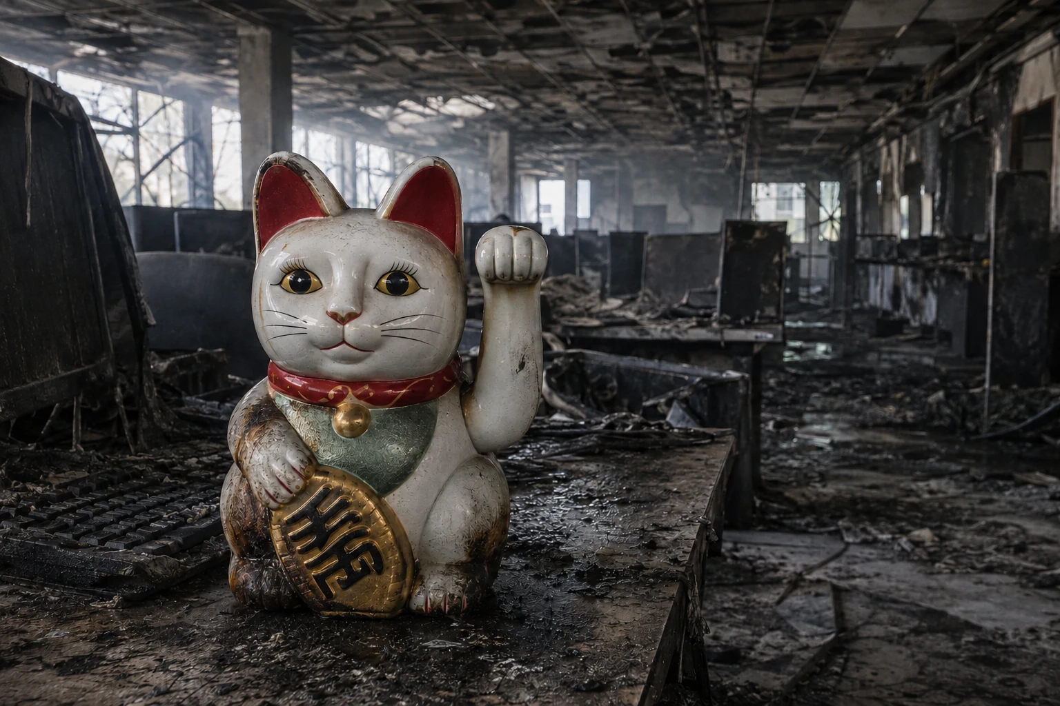 Leicht angeschmorte Winkekatze vor dem ausgebrannten Callcenter